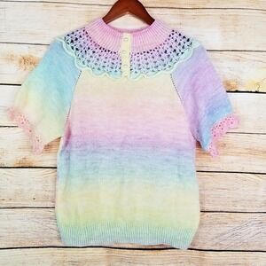 Vintage Handmade Knit Pastel Stripes Sweater Cardigan‎ Open Lace Style Shoulders